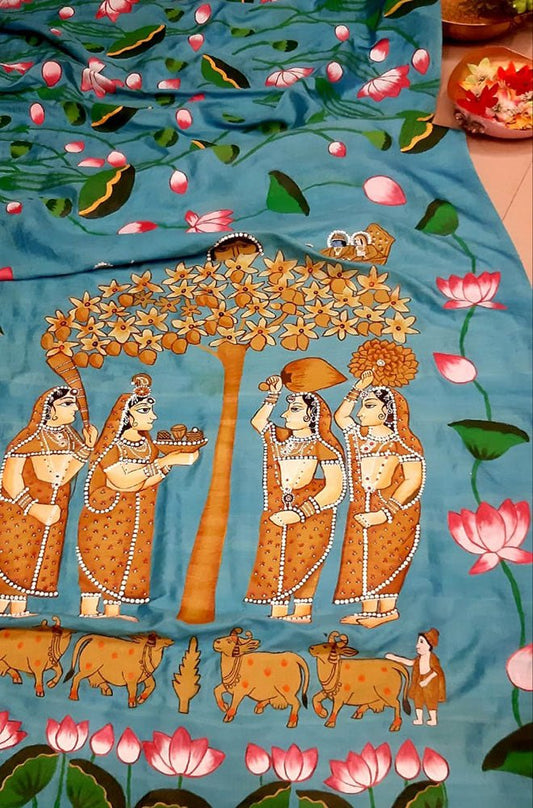 Blue Pichhwai Hand Painted Mulberry Silk Saree - Luxurion World