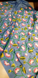 Blue Pichhwai Hand Painted Mulberry Silk Saree - Luxurion World