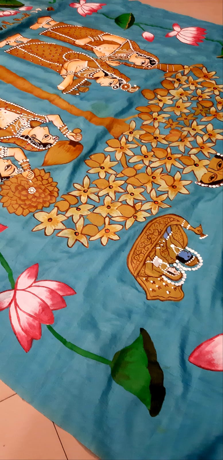 Blue Pichhwai Hand Painted Mulberry Silk Saree - Luxurion World