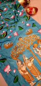 Blue Pichhwai Hand Painted Mulberry Silk Saree - Luxurion World