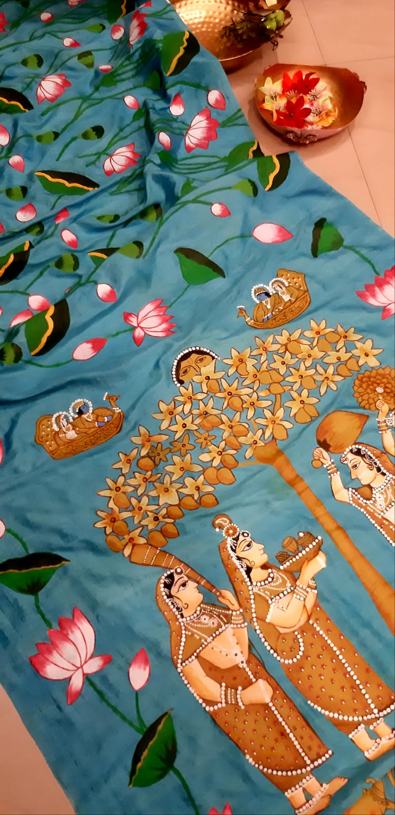 Blue Pichhwai Hand Painted Mulberry Silk Saree - Luxurion World