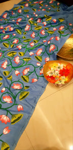 Blue Pichhwai Hand Painted Mulberry Silk Saree - Luxurion World