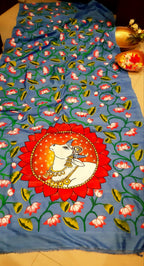 Blue Pichhwai Hand Painted Mulberry Silk Saree - Luxurion World