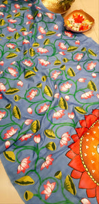 Blue Pichhwai Hand Painted Mulberry Silk Saree - Luxurion World