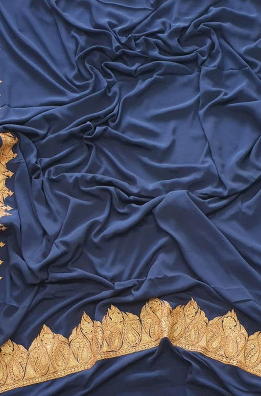 Blue Plain Embroidered Kashmiri Tila Work Crepe Saree - Luxurion World