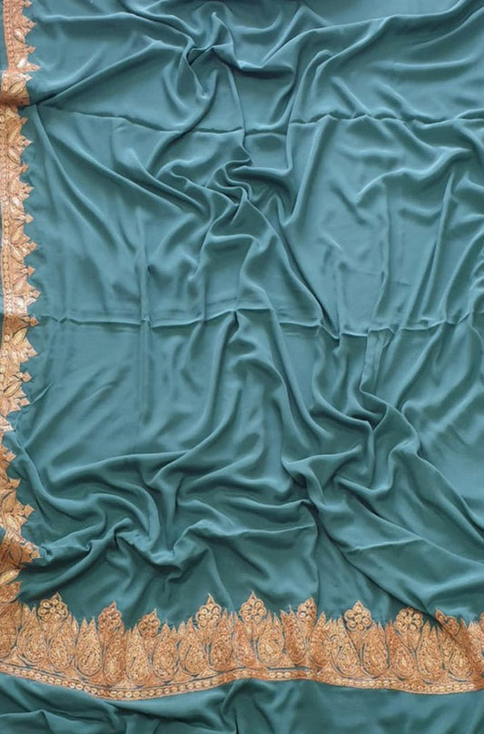 Blue Plain Embroidered Kashmiri Tila Work Crepe Saree - Luxurion World