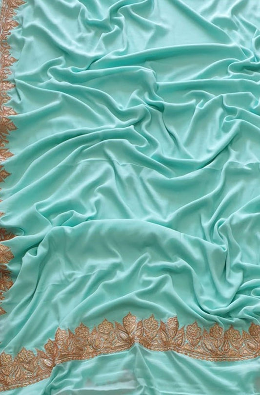 Blue Plain Embroidered Kashmiri Tila Work Crepe Saree - Luxurion World