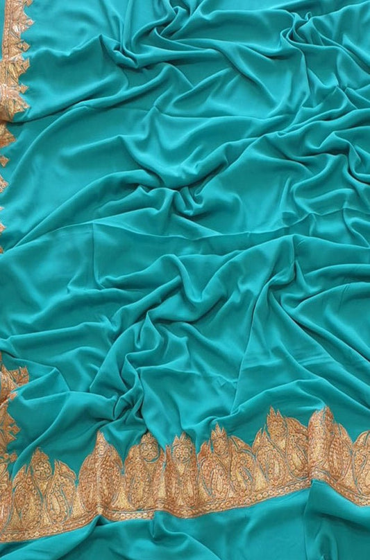 Blue Plain Embroidered Kashmiri Tila Work Crepe Saree - Luxurion World