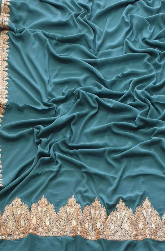 Blue Plain Embroidered Kashmiri Tila Work Crepe Saree - Luxurion World