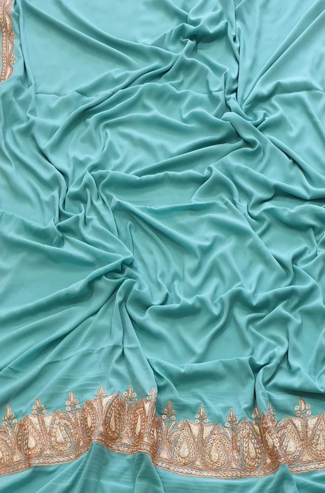 Blue Plain Embroidered Kashmiri Tila Work Crepe Saree - Luxurion World