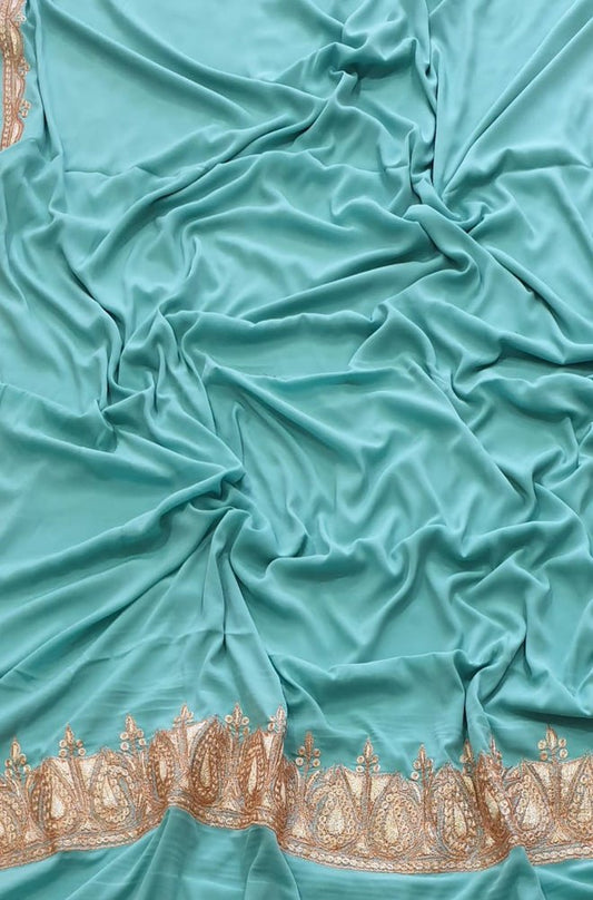 Blue Plain Embroidered Kashmiri Tila Work Crepe Saree - Luxurion World