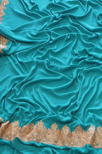 Blue Plain Embroidered Kashmiri Tila Work Crepe Saree - Luxurion World