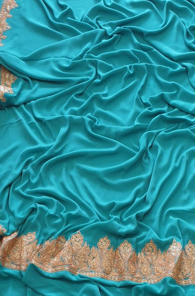 Blue Plain Embroidered Kashmiri Tila Work Crepe Saree - Luxurion World