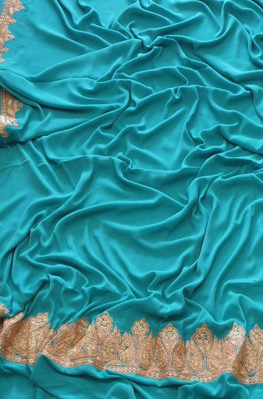 Blue Plain Embroidered Kashmiri Tila Work Crepe Saree - Luxurion World