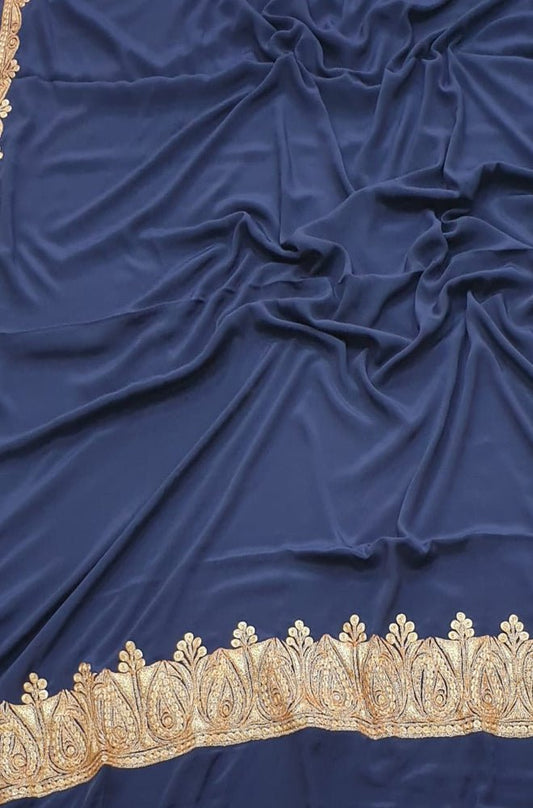 Blue Plain Embroidered Kashmiri Tila Work Crepe Saree - Luxurion World