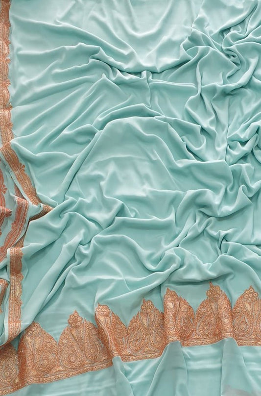 Blue Plain Embroidered Kashmiri Tila Work Crepe Saree - Luxurion World