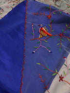 Blue Pure Silk Three Piece Unstitched Suit Set With Parsi Embroidered Convent Work Net Dupatta - Luxurion World