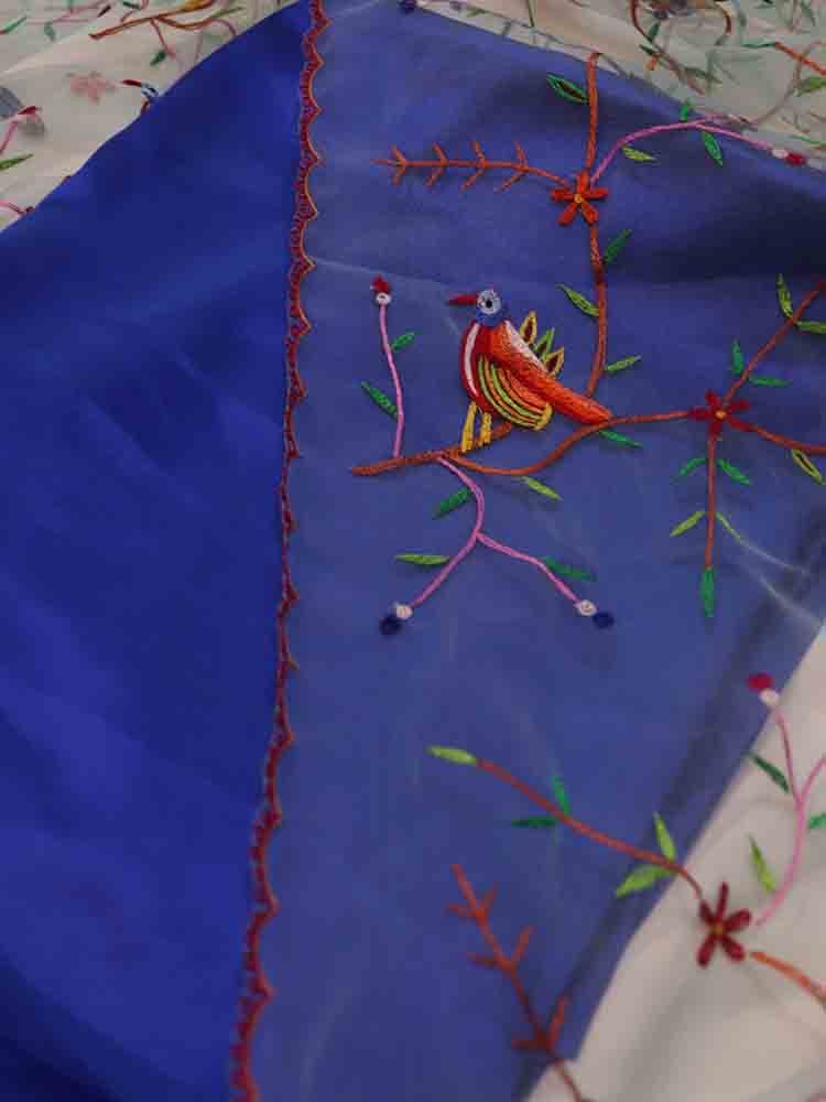 Blue Pure Silk Three Piece Unstitched Suit Set With Parsi Embroidered Convent Work Net Dupatta - Luxurion World