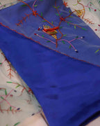 Blue Pure Silk Three Piece Unstitched Suit Set With Parsi Embroidered Convent Work Net Dupatta - Luxurion World