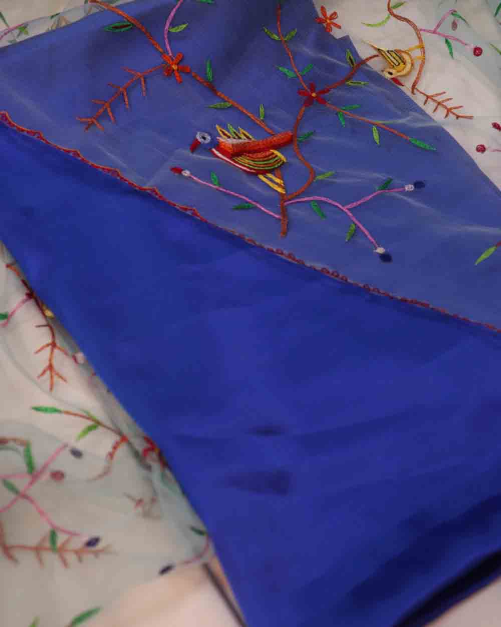 Blue Pure Silk Three Piece Unstitched Suit Set With Parsi Embroidered Convent Work Net Dupatta - Luxurion World