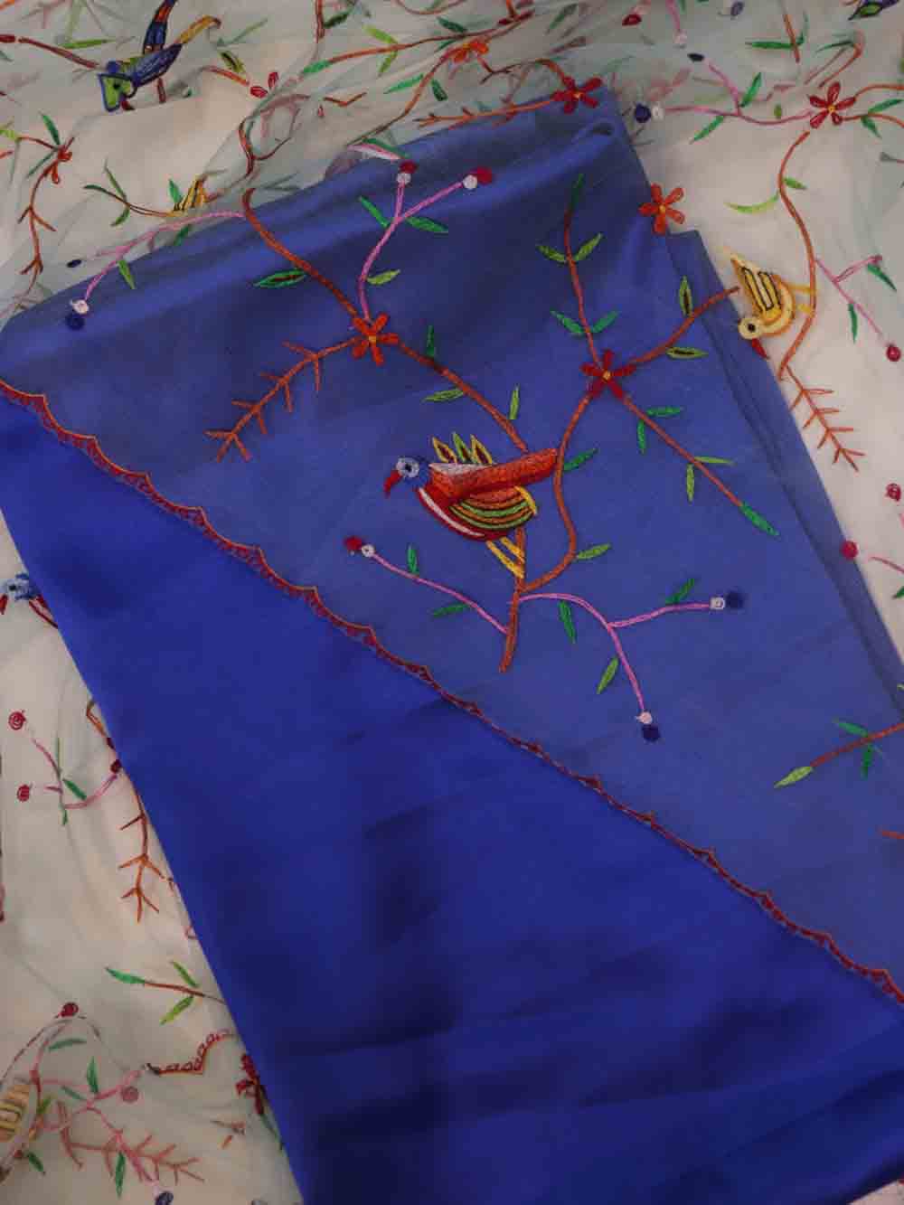 Blue Pure Silk Three Piece Unstitched Suit Set With Parsi Embroidered Convent Work Net Dupatta