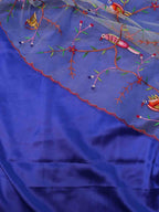 Blue Pure Silk Three Piece Unstitched Suit Set With Parsi Embroidered Convent Work Net Dupatta - Luxurion World