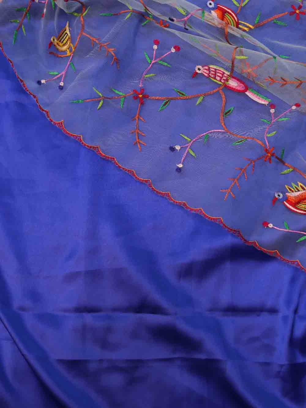 Blue Pure Silk Three Piece Unstitched Suit Set With Parsi Embroidered Convent Work Net Dupatta - Luxurion World