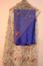 Blue Pure Silk Three Piece Unstitched Suit Set With Parsi Embroidered Convent Work Net Dupatta - Luxurion World