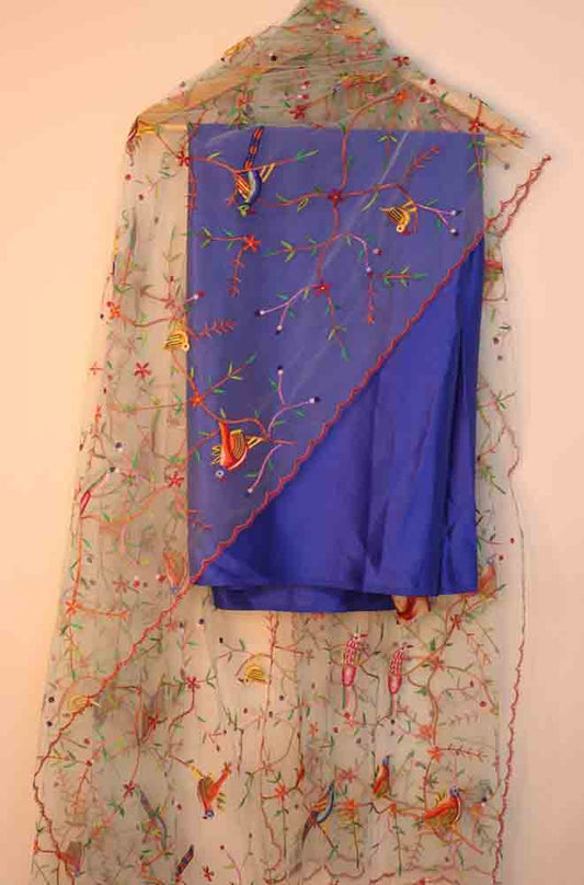 Blue Pure Silk Three Piece Unstitched Suit Set With Parsi Embroidered Convent Work Net Dupatta - Luxurion World