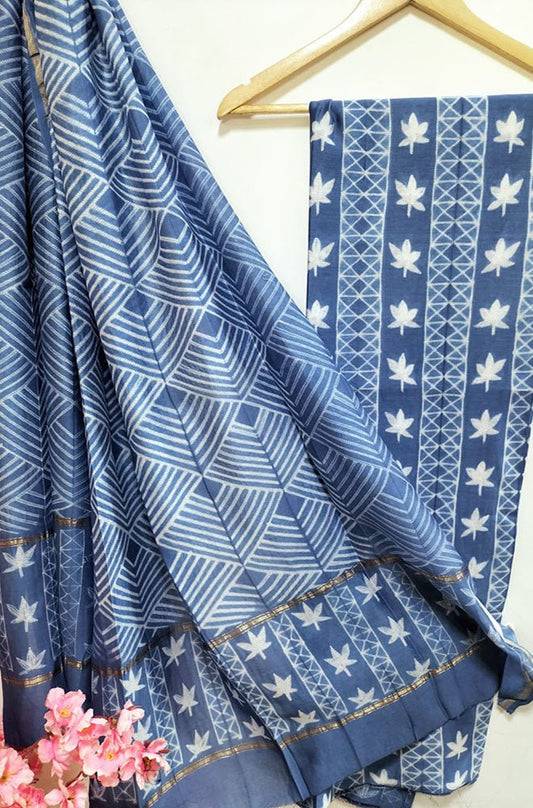 Blue Shibori Cotton Silk Two Piece Unstitched Suit Set