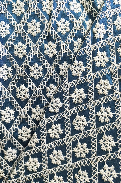Blue Trendy Embroidered Raw Silk Fabric ( 1 Mtr )