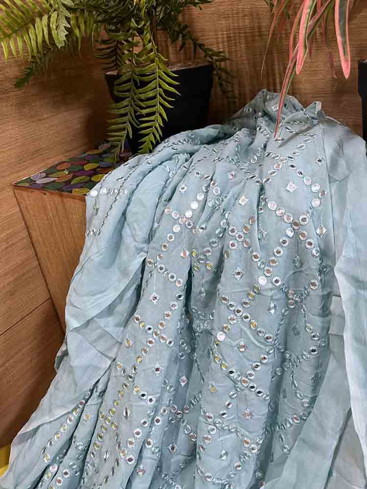 Blue Trendy Georgette Foil Mirror Work Fabric ( 1 Mtr )