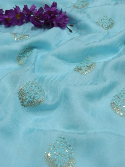 Blue Trendy Linen Jute Sequins Work Fabric (1 Mtr)