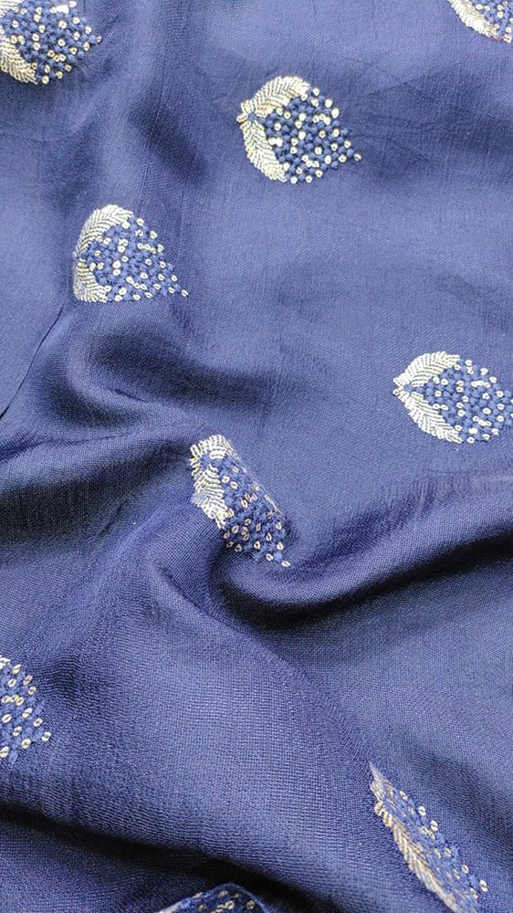 Blue Trendy Linen Jute Sequins Work Fabric (1 Mtr) - Luxurion World