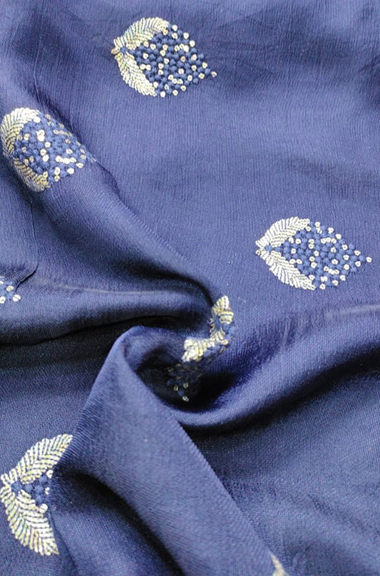 Blue Trendy Linen Jute Sequins Work Fabric (1 Mtr) - Luxurion World