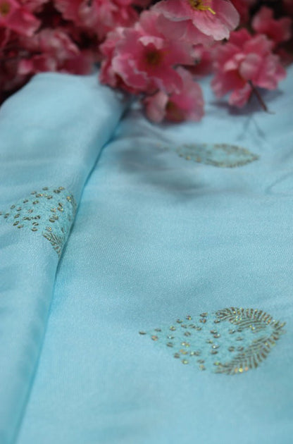 Blue Trendy Linen Jute Sequins Work Fabric (1 Mtr)