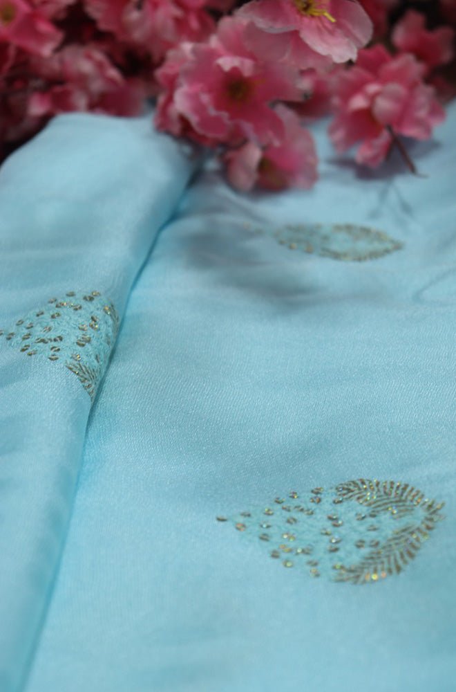 Blue Trendy Linen Jute Sequins Work Fabric (1 Mtr) - Luxurion World