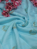 Blue Trendy Linen Jute Sequins Work Fabric (1 Mtr) - Luxurion World