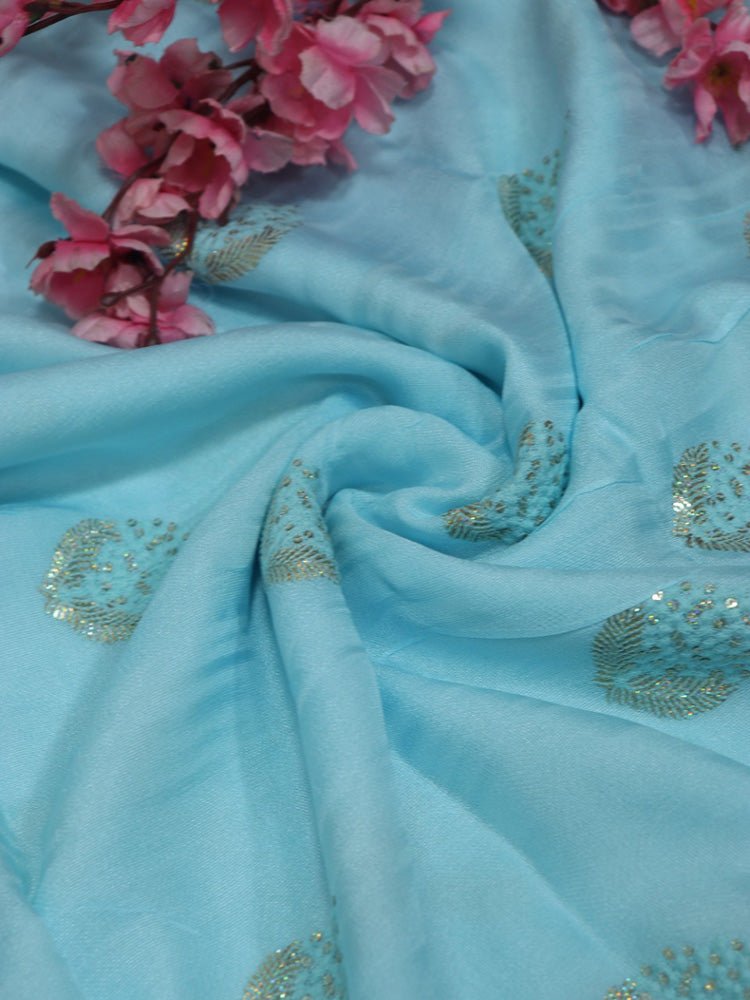 Blue Trendy Linen Jute Sequins Work Fabric (1 Mtr) - Luxurion World