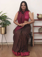 Brown Bengal Plain Cotton Saree, Contrast Border - Luxurion World