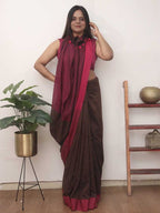 Brown Bengal Plain Cotton Saree, Contrast Border - Luxurion World