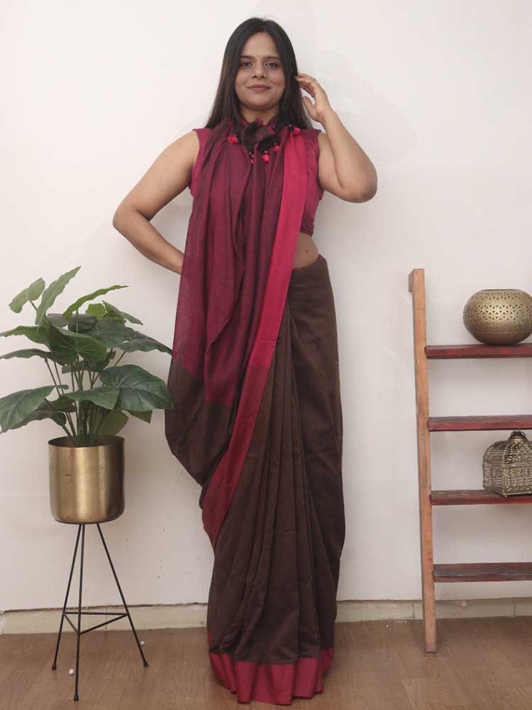 Brown Bengal Plain Cotton Saree, Contrast Border - Luxurion World