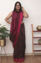 Brown Bengal Plain Cotton Saree, Contrast Border - Luxurion World