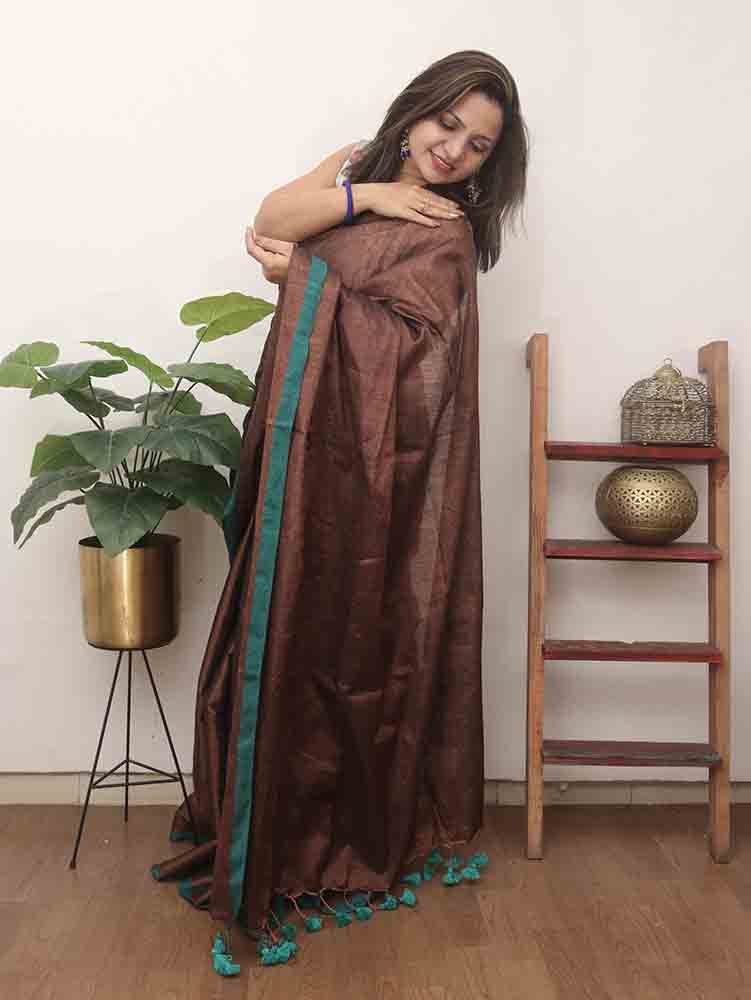 Brown Bengal Plain Tissue Cotton Saree - Elegant and Chic - Luxurion World