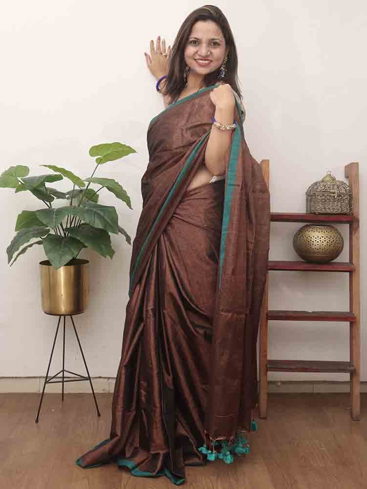 Brown Bengal Plain Tissue Cotton Saree - Elegant and Chic - Luxurion World