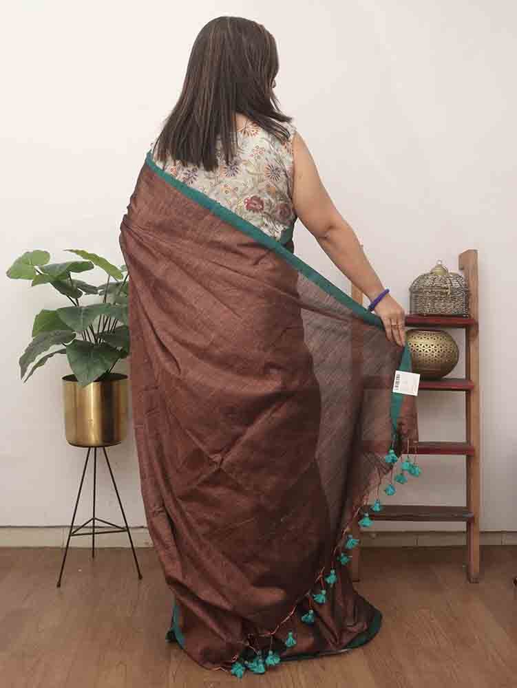 Brown Bengal Plain Tissue Cotton Saree - Elegant and Chic - Luxurion World