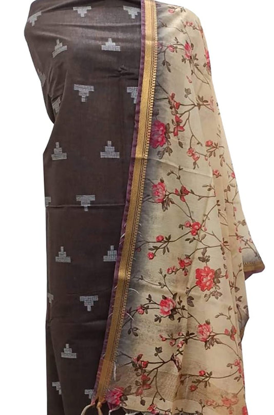 Brown Bhagalpur Linen Two Piece Unstitched Suit Set With Digital Printed Dupatta - Luxurion World