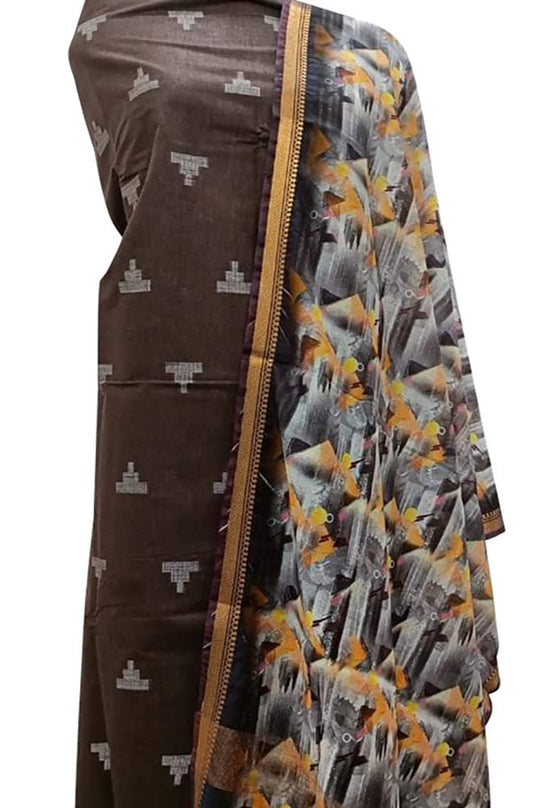 Brown Bhagalpur Linen Two Piece Unstitched Suit Set With Digital Printed Dupatta - Luxurion World