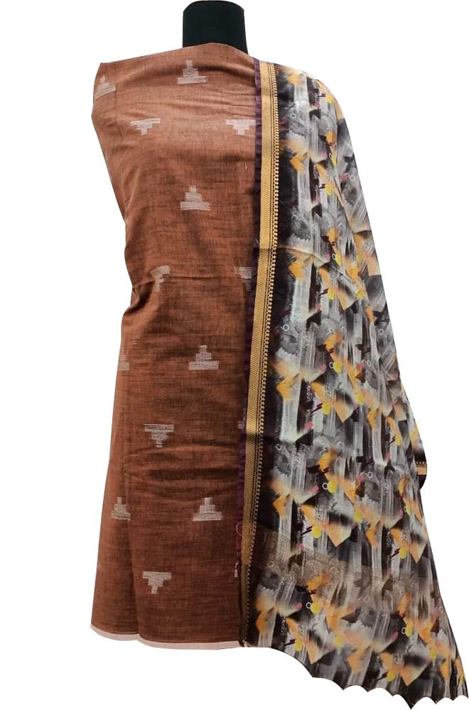 Brown Bhagalpur Linen Two Piece Unstitched Suit Set With Digital Printed Dupatta - Luxurion World