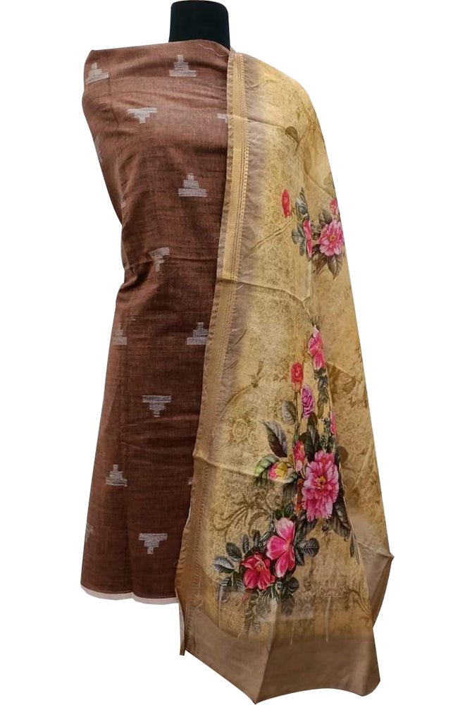 Brown Bhagalpur Linen Two Piece Unstitched Suit Set With Digital Printed Dupatta - Luxurion World